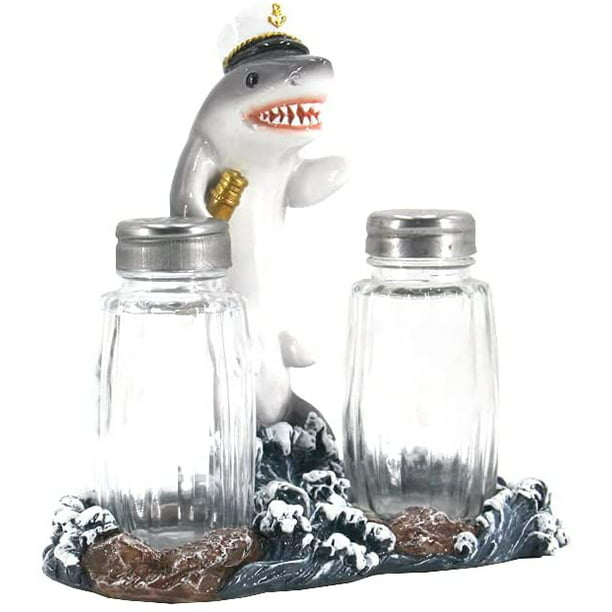 Decorative Great White Shark Glass Salt and Pepper Shaker Set with Holder Figurine for Beach Bar or Tropical Kitchen Decor Sculptures & Table Decorations by Home 'n Gifts 